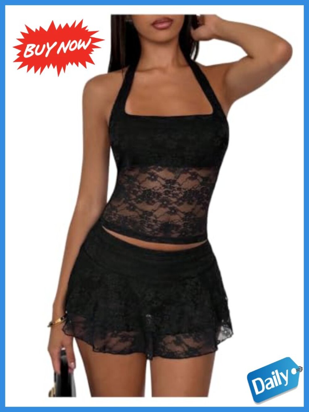 Floral Lace 2 Piece Skirt Set Halter Top Ruffle Festival Outfit
